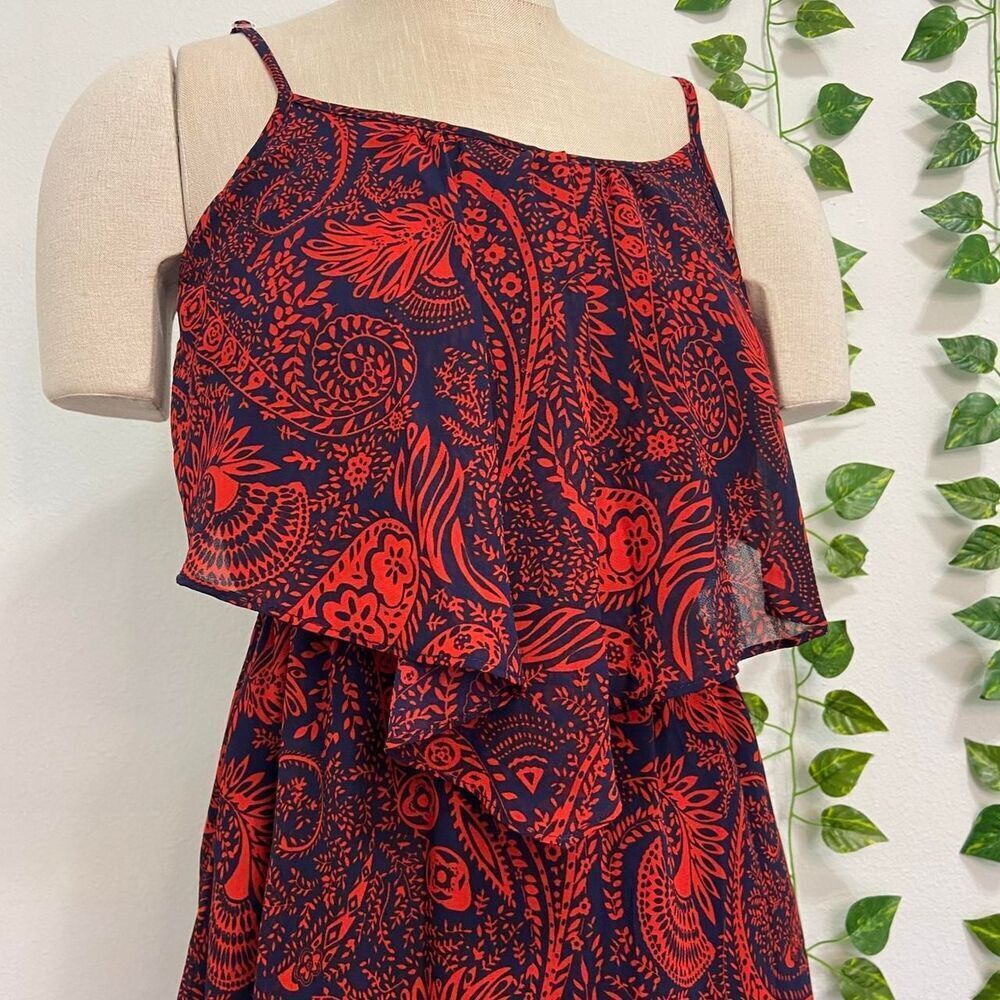 Eyelash Couture Red & Navy Paisley Ruffle Layer Midi Dress Boho Sleeveless XS - Picture 3 of 5